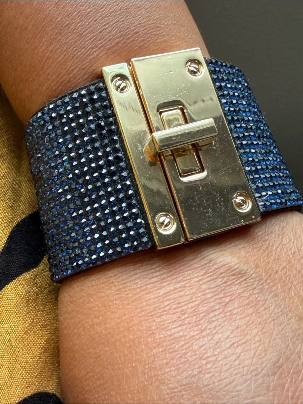 Navy Rhinestones Crystals Leather Wide Band Bracelet Gold-Tone Twist Lock